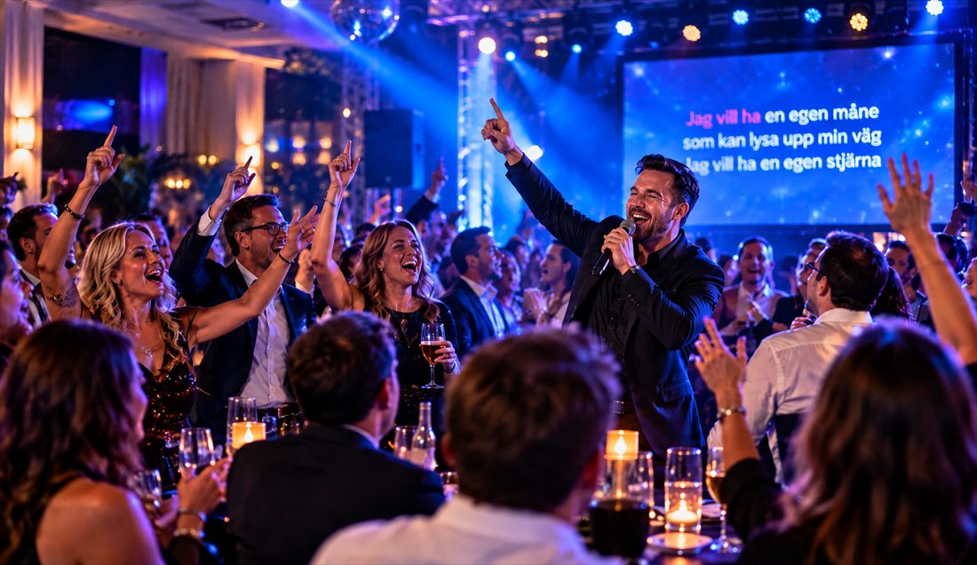 Man sjunger karaoke på scen under företagsevent med jublande publik
