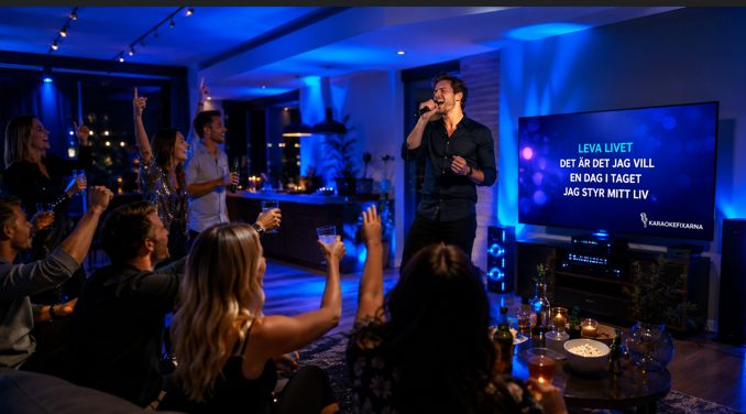 Person sjunger karaoke inför jublande publik