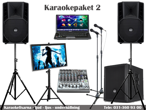 Utrustningen i Guld-paketet: högtalare, subbas, mixer, TV på golvstativ, karaokespelare och mikrofoner