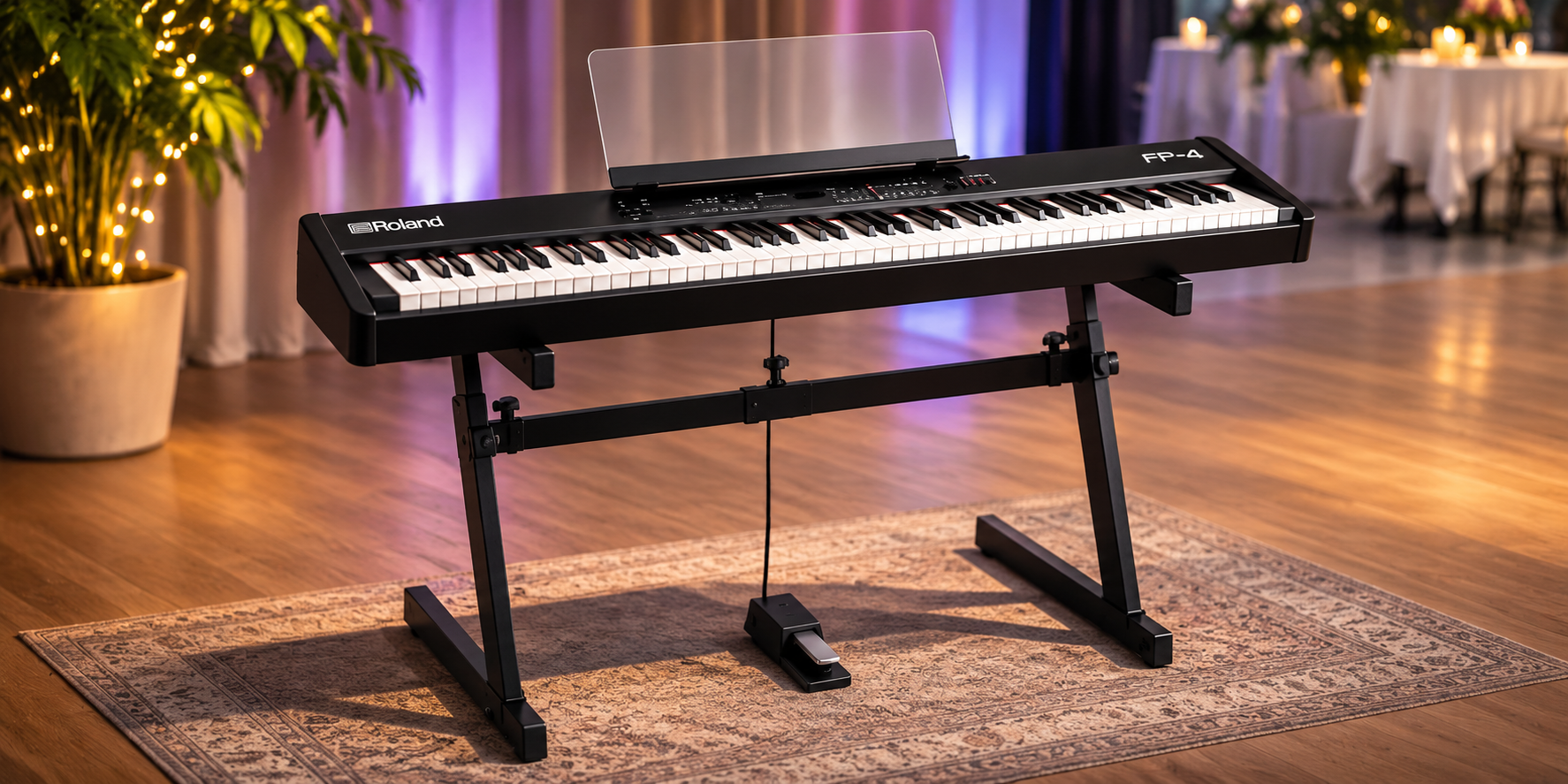 Roland FP-4 digitalpiano på keyboardstativ med pedal i en festlokal med levande ljus
