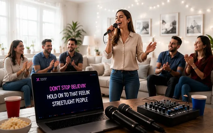Karaokesångare med laptop och mixer i vardagsrum, festande gäster i bakgrunden