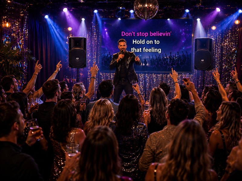 Karaokevärd på scen framför jublande publik med festbelysning och discokula