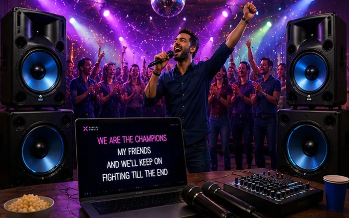 Karaokesångare med stor scenrigg, konfetti och stort jublande sällskap