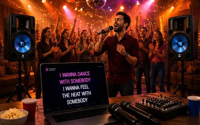 Karaokesångare med kraftfull ljudanläggning och scenljus, jublande publik